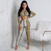 Load image into Gallery viewer, Snake Print Sexy 2 Piece Set Women Long Sleeve Lace Up Crop Top and Pant Suit Club Party Matching Sets 2 Piece Outfits for Women