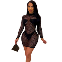 Load image into Gallery viewer, Sexy Leopard Printed Sheer Lace Dress Women See Through Long Sleeve Bodycon Mini Dress Night Club Party Dresses with Underwear