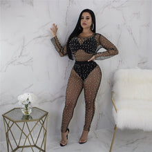 Load image into Gallery viewer, Sexy Black Sheer Jumpsuit Mesh Romper Women Long Sleeve See Through Pearl Beading Nightclub Party Bodycon Jumpsuits Overalls XL