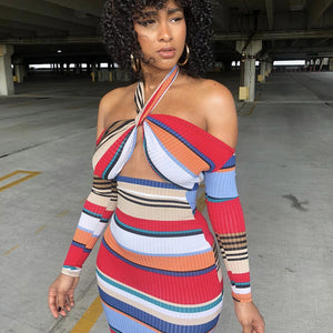 Knot Striped Ribbed Off The Shoulder Dress Women Long Sleeve High Waist Hollow Out Front Party Club Wear Sexy Bodycon Dress