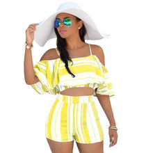 Load image into Gallery viewer, Sexy Summer Two Piece Set Women Striped Print Off Shoulder Crop Top and Shorts Suits Ruffles Bohemian Beachwear Casual Outfits