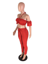 Load image into Gallery viewer, Red Sexy 2 Piece Set Women Ruffle Off The Shoulder Crop Top and Pants Set Summer Women Sets Clothes Club Party Two Piece Outfits