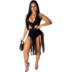 Boho Sleeveless V Neck Fringe Tassel Dress Party Club Hollow Out Black Sexy Bodycon Dress