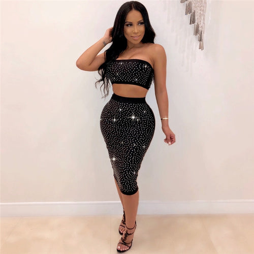 Ladies Sexy Two Piece Sets Party Women Summer Sets Elegant 2 Piece Crop Top and Bodycon Skirt Set Rhinestone Sexy Club Outfits