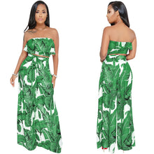 Load image into Gallery viewer, Tropical Print Two Piece Set Women Ruffle Strapless Crop Top and Wide Leg Pant Suits Boho Summer Casual Beach 2 Piece Outfits