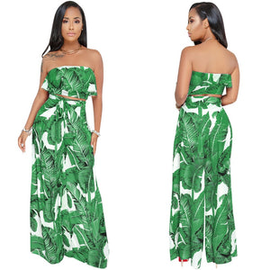 Tropical Print Two Piece Set Women Ruffle Strapless Crop Top and Wide Leg Pant Suits Boho Summer Casual Beach 2 Piece Outfits