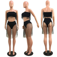 Load image into Gallery viewer, Tassel Two Piece Sets Women&#39;s Costumes Summer Beach Sleeveless Strapless Crop Top and Skirt Two Piece Short Set Clubwear