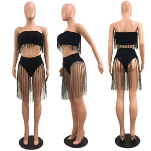 Tassel Two Piece Sets Women's Costumes Summer Beach Sleeveless Strapless Crop Top and Skirt Two Piece Short Set Clubwear