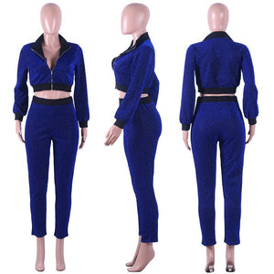 Plus Size Glitter 2 Piece Outfits for Women's Suit Sequined Streetwear Bomber Jacket Tops and Pants Set Sparkly Casual Tracksuit