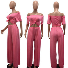 Load image into Gallery viewer, Women Loose 2 Piece Set Off Shoulder Pleat Crop Top and Split Long Pants Wide Leg Jumpsuit Casual Matching 2 Piece Outfits