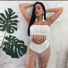 Load image into Gallery viewer, Tassel Two Piece Sets Women&#39;s Costumes Summer Beach Sleeveless Strapless Crop Top and Skirt Two Piece Short Set Clubwear