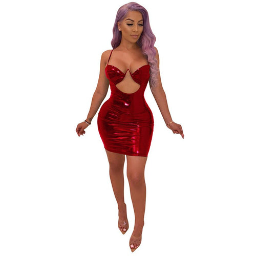 Night Club Party Sexy Women Red Leather Dress Strap Wet Look Dress Hollow Out Front Strapless Clubwear Bodycon Mini Dresses