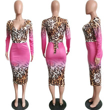 Load image into Gallery viewer, Women Leopard Print Long Sleeve Bodycon Dress Female Sexy V-Neck Knee-length Two Piece Dresses Elegant Nightclub Party Dresses