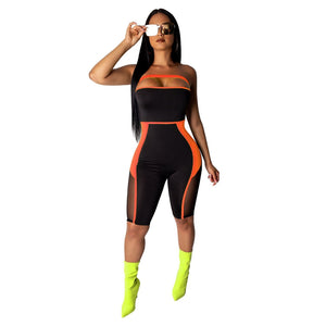 Neon Patchwork Sheer Mesh Sexy Bodycon Jumpsuit Shorts Romper Women Bandage Jumpsuit Summer Party Overalls Club Playsuit