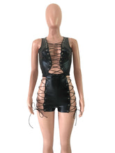 Load image into Gallery viewer, Sexy Club Bandage Bodysuits Women V-Neck Lace Up Hollow Out Clubwear Skinny Black Leather Jumpsuit Shorts Playsuits Combinaison