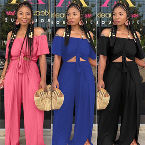 Women Loose 2 Piece Set Off Shoulder Pleat Crop Top and Split Long Pants Wide Leg Jumpsuit Casual Matching 2 Piece Outfits