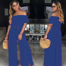 Load image into Gallery viewer, Women Loose 2 Piece Set Off Shoulder Pleat Crop Top and Split Long Pants Wide Leg Jumpsuit Casual Matching 2 Piece Outfits