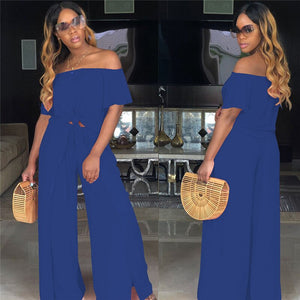 Women Loose 2 Piece Set Off Shoulder Pleat Crop Top and Split Long Pants Wide Leg Jumpsuit Casual Matching 2 Piece Outfits