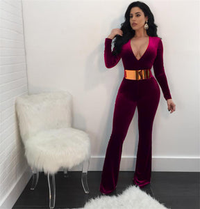 Velvet Jumpsuits Long Sleeve Sexy V-Neck Elegant Overalls Ladies Wide Leg Pants Party Club Rompers Plus Size