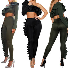 Load image into Gallery viewer, Two Piece Sets One Shoulder Flounce Crop Sweatshirt &amp; Sweatpants for Women Ruffles Long Sleeve Tracksuit Pantsuit