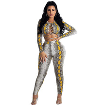 Load image into Gallery viewer, Snake Print Sexy 2 Piece Set Women Long Sleeve Lace Up Crop Top and Pant Suit Club Party Matching Sets 2 Piece Outfits for Women