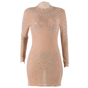 Sexy Sparkly Rhinestone Black Bodycon Dress Women Long Sleeve Mesh See Through Sheath Mini Dress Elegant Birthday Party Dresses