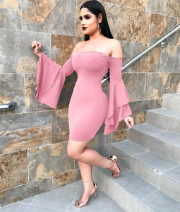 Women Elegant Long Flare Sleeve Sexy Off Shoulder Strapless Dress Sheath Fashion Slim Casual Party Club Bodycon Dress Vestidos