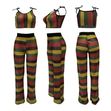 Load image into Gallery viewer, Sexy Fishnet Two Piece Set Summer Hollow Out Mesh Crop Top Set Rainbow Striped Wide Leg Pant Suit Beach Casual Women Suit Set