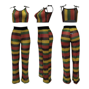 Sexy Fishnet Two Piece Set Summer Hollow Out Mesh Crop Top Set Rainbow Striped Wide Leg Pant Suit Beach Casual Women Suit Set