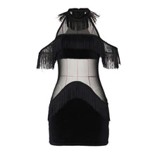 Load image into Gallery viewer, Sexy Mesh See Through Velvet Bodycon Dress Women O-neck Off Shoulder Tassel Elegant Night Club Mini Party Dresses Vestidos