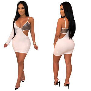 Sexy V Neck White Bodycon Mini Dress Women Autumn One Shoulder Long Sleeve Sequin Patchwork Cut Out Night Club Party Dresses