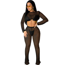 Load image into Gallery viewer, Sexy Club Two Piece Set Women Clothes Mesh Fishnet Hollow Out Crop Top and Pants See Through Summer Beach Matching Set Outfits