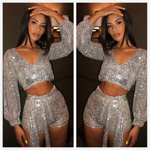 Load image into Gallery viewer, Sexy Party Club Sequin Two Piece Set Women 2 Piece Outfits Crop Top Shorts Set Festival Clothing Summer Matching Women Sets