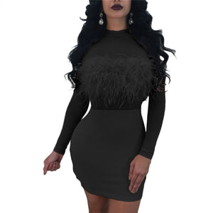 Women Sexy Mesh Sheer Black Long Sleeve Bodycon Dress Fashion Feathers Patchwork Sheath Nightclub Short Party Dresses Female XXL