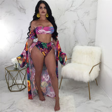 Load image into Gallery viewer, Sexy Summer Beach 3 Piece Set Women Strapless Crop Tops + Shorts + Cardigan Women Floral Print Beach Dresses Boho Outfits