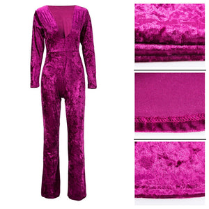 Velvet Jumpsuits Long Sleeve Sexy V-Neck Elegant Overalls Ladies Wide Leg Pants Party Club Rompers Plus Size