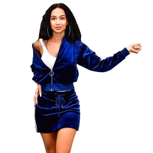 Blue Velvet Tracksuit Women Autumn Winter Two Piece Skirt Set Zipper Jacket Top and Mini Skirt Jogger Sportwear Leisure Suit