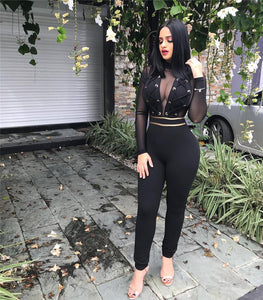 Black Long Sleeve Sexy Bodycon Jumpsuit Women Mesh Patchwork Bandage Jumpsuit Party Plus Size Overalls Club Skinny Romper Female