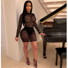 Load image into Gallery viewer, Women Summer Sexy Mini Party Dress Long Sleeve Leopard Print Bodycon Dress Bandage Sheer Mesh Black Club Lace Dress Vestidos