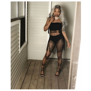 Tassel Two Piece Sets Women's Costumes Summer Beach Sleeveless Strapless Crop Top and Skirt Two Piece Short Set Clubwear