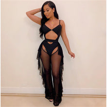 Load image into Gallery viewer, Sexy Two Piece Set Women Summer Beach Club Outfits Sheer Mesh Bodysuit Top Ruffle Pants Set Swimwear Party Matching 2 Piece Set