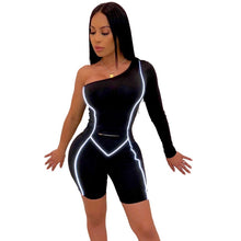 Load image into Gallery viewer, Women One Shoulder Sexy Bodycon Jumpsuit Skinny Romper Long Sleeve Reflective Playsuit One Piece Short Jumpsuit Club Outfits