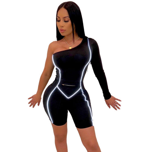 Women One Shoulder Sexy Bodycon Jumpsuit Skinny Romper Long Sleeve Reflective Playsuit One Piece Short Jumpsuit Club Outfits