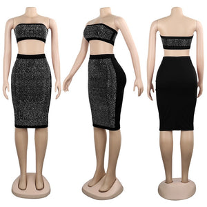 Ladies Sexy Two Piece Sets Party Women Summer Sets Elegant 2 Piece Crop Top and Bodycon Skirt Set Rhinestone Sexy Club Outfits