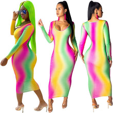 Load image into Gallery viewer, Elegant Sexy Night Club Bandage Striped Dress Spring V Neck Rainbow Print Long Sleeve Bodycon Party Dresses