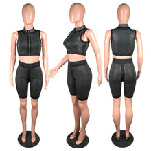 Load image into Gallery viewer, Rhinestone Sexy 2 Piece Set Zipper Crop Tops and Bodycon Shorts Suit Set Sparkly Party Summer Two Piece Club Outfits