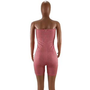 Sexy Rompers Womens Jumpsuit Party Clubwear Strapless Sparkly Rhinestone Bodysuit Pink Bodycon Bandage Jumpsuit Short Playsuit