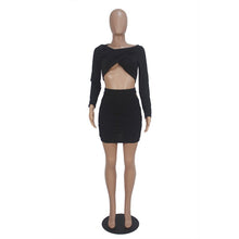 Load image into Gallery viewer, Sexy Black Two Piece Set Women Long Sleeve Ruched Crop Top and Hollow Out Skirt Set Club Bodycon Two Piece Outfits Matching Sets