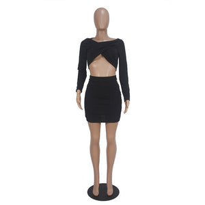 Sexy Black Two Piece Set Women Long Sleeve Ruched Crop Top and Hollow Out Skirt Set Club Bodycon Two Piece Outfits Matching Sets