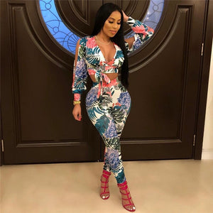 Floral Print Two Piece Set Summer Sexy Split Long Sleeve V Neck Bandage Top and Bodycon Pant Set Women Party Two Piece Outfits